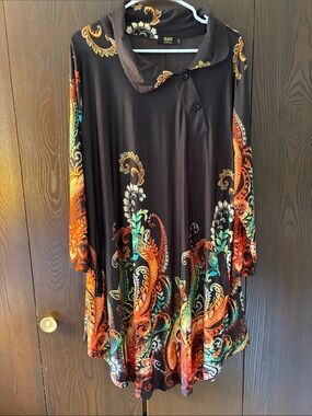 R&B Collection Brown Midi Dress with Orange & Teal Paisley. Size 2X